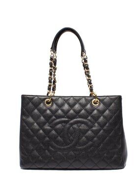 Chanel Chain Shoulder Bag Grand Shopping Tote GST Quilted Gold Caviar Leather